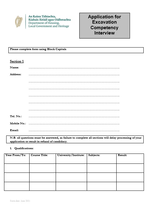 Excavation Licence Interview Application Form
