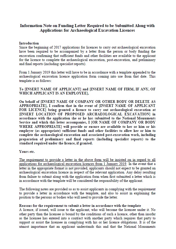 Information Note on Funding Letter Required to be Submitted Along with Applications for Archaeological Excavation Licences