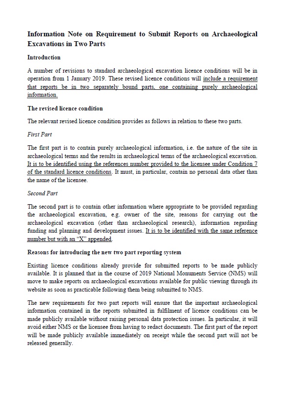 Information Note on Requirement to Submit Reports on Archaeological Excavations in Two Parts