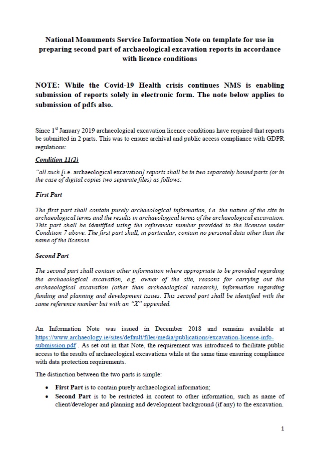 Further Information Note on Requirement to Submit Reports on Archaeological Excavations in Two Parts