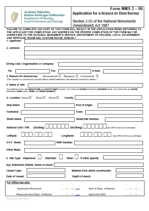 Application for a licence to Dive and Survey