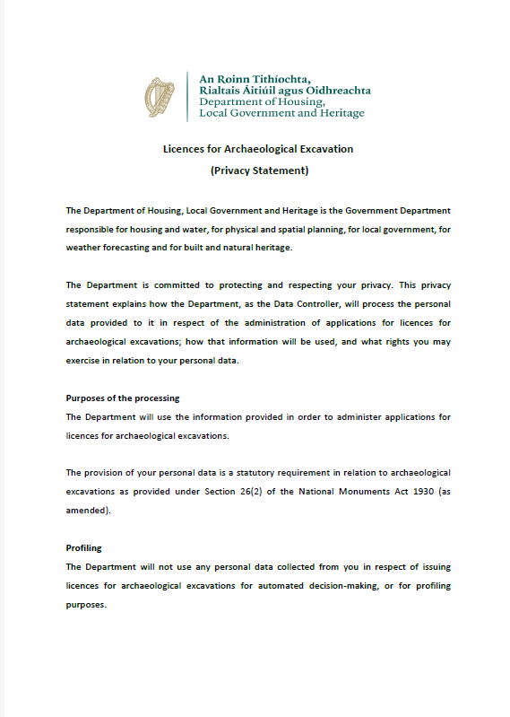 Privacy Statement - Licences for Archaeological Excavation