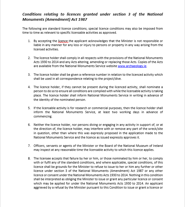 Conditions relating to licences under section 3 National Monuments (Amendment) Act 1987 for diving or other activities